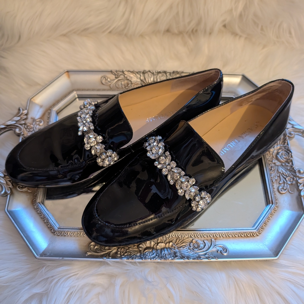Shiny Black Loafers with Crystal Accents